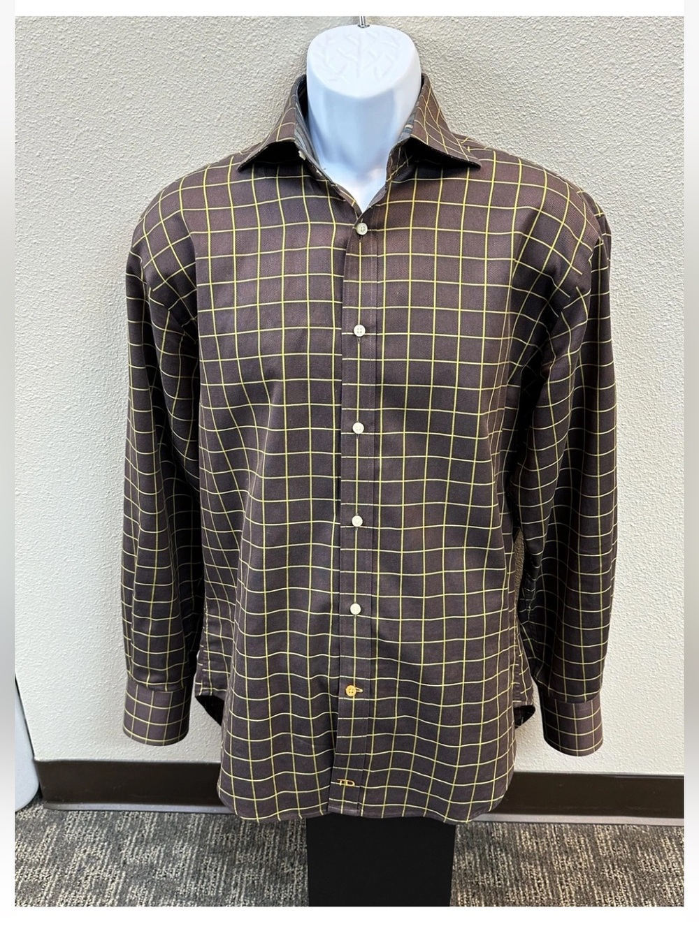Thomas Dean Dress Shirt Mens Medium Brown Windowpane Long Sleeve Button Up